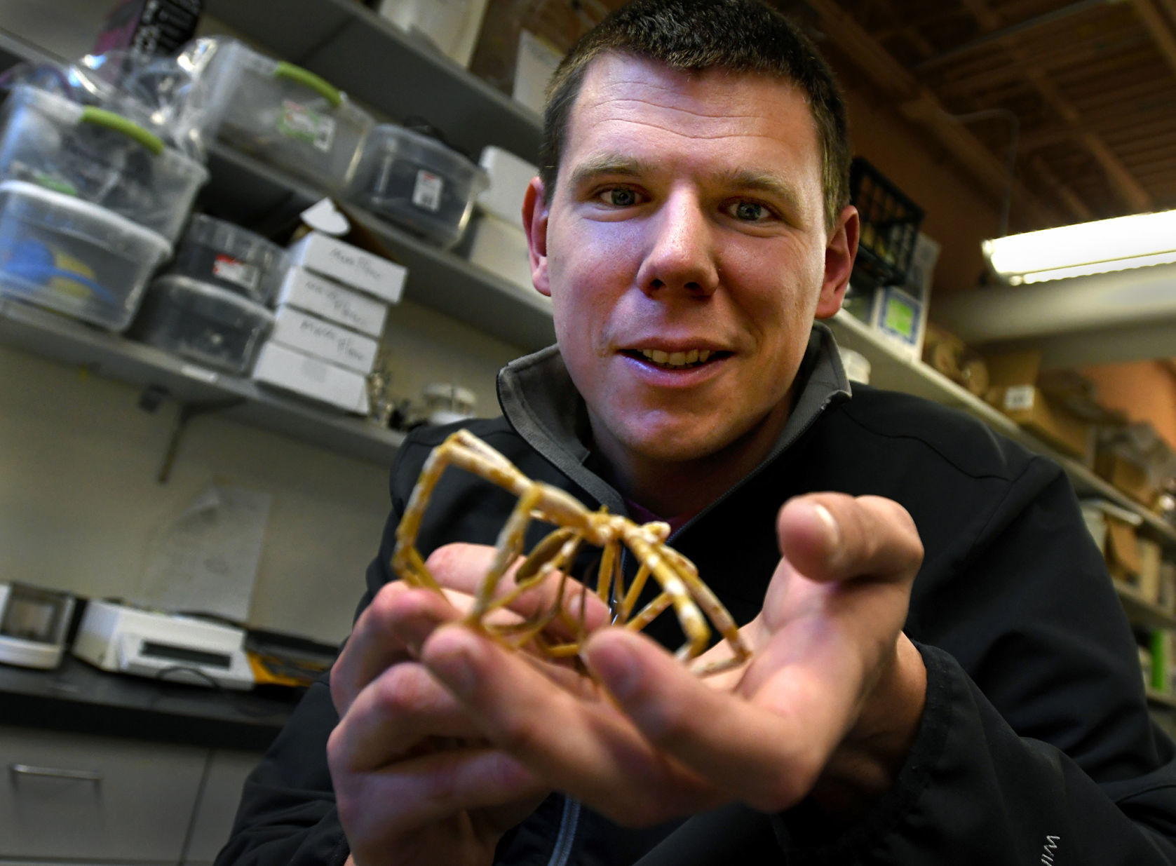 Steven Lane holds a giant sea spider specimen